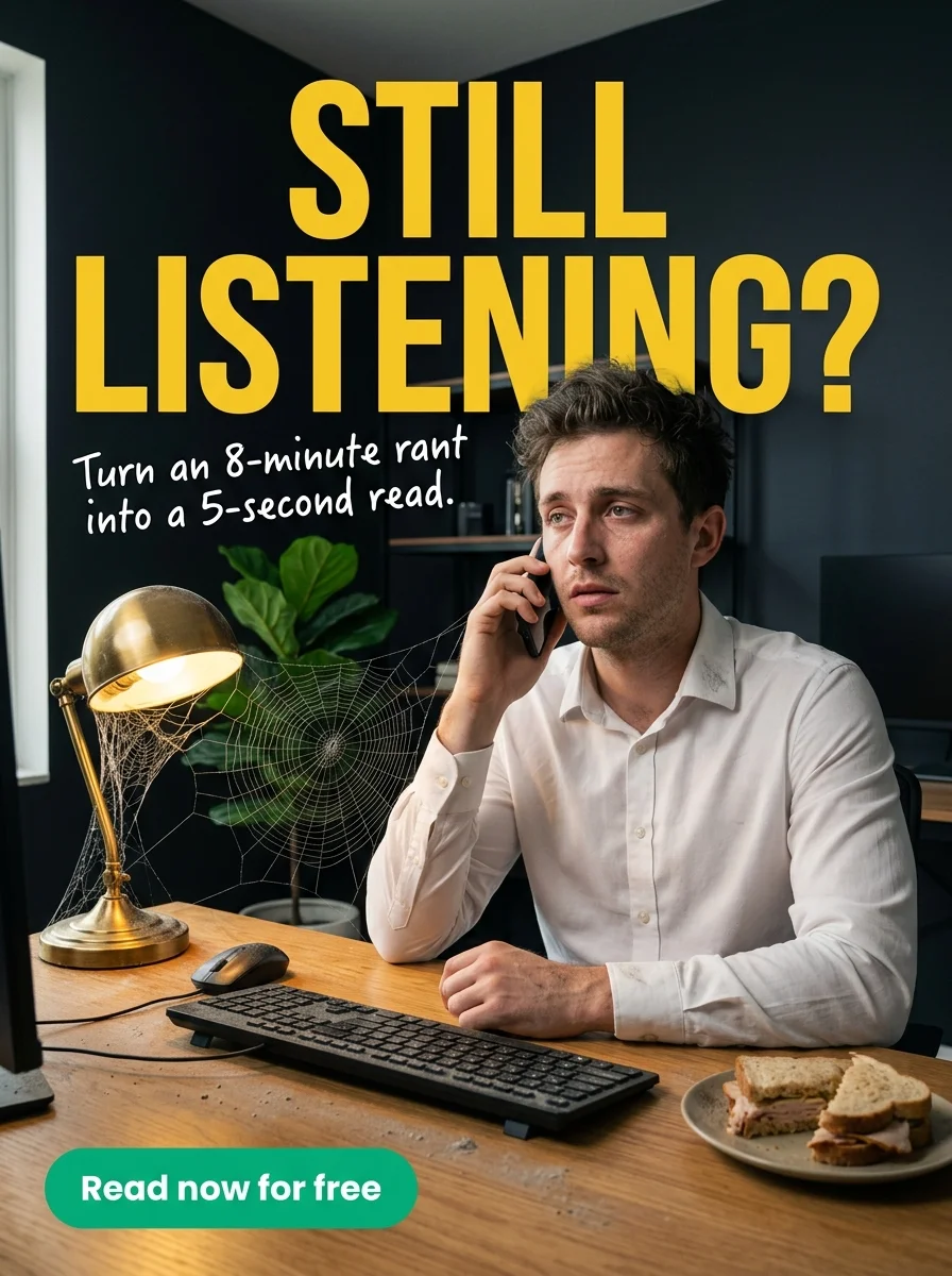 Still listening? Turn an 8-minute rant into a 5-second read.
